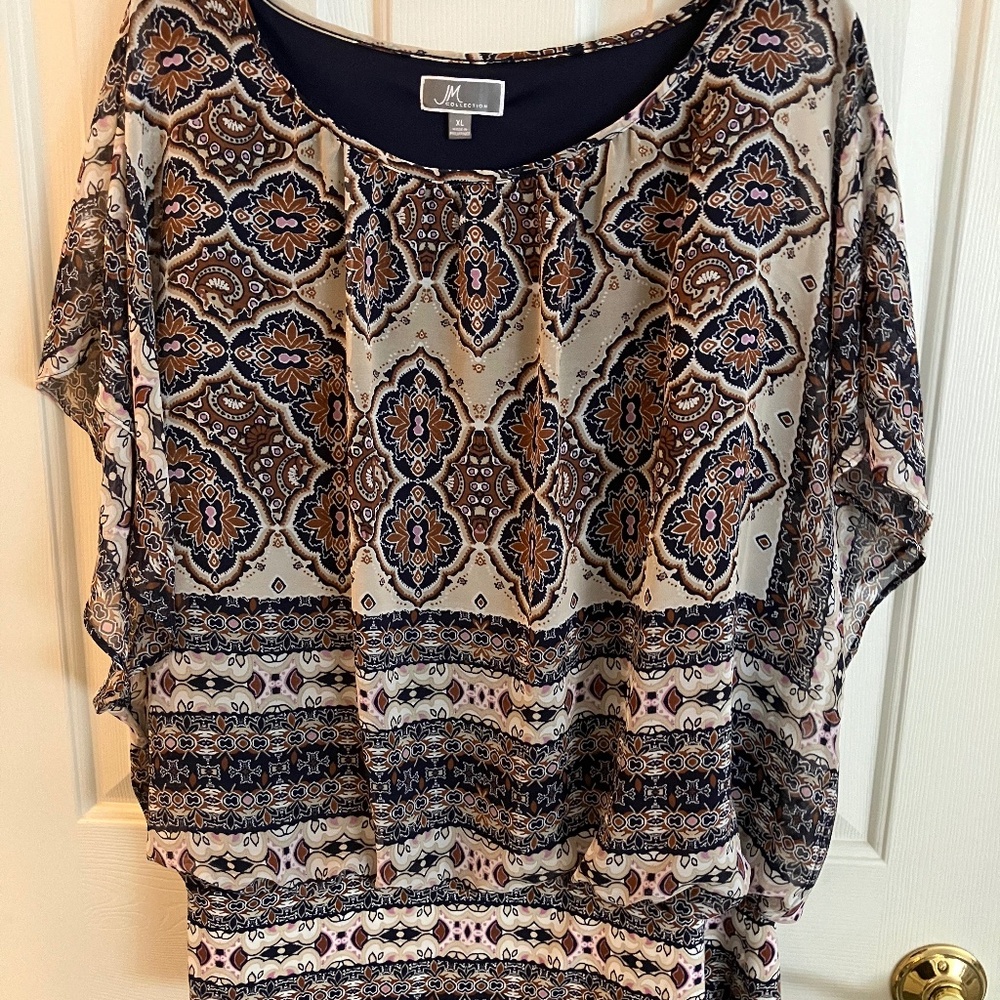 Blouse, Misses XL JM Collection, navy, brown print